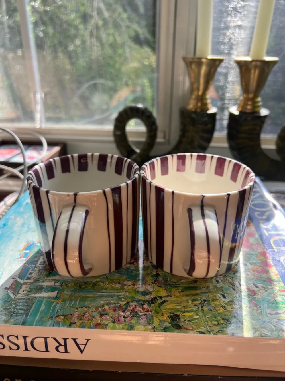 Noon &‎ Moon Cherry Lacquer Striped Espresso Cups Set of 2 Demitasse NWOB